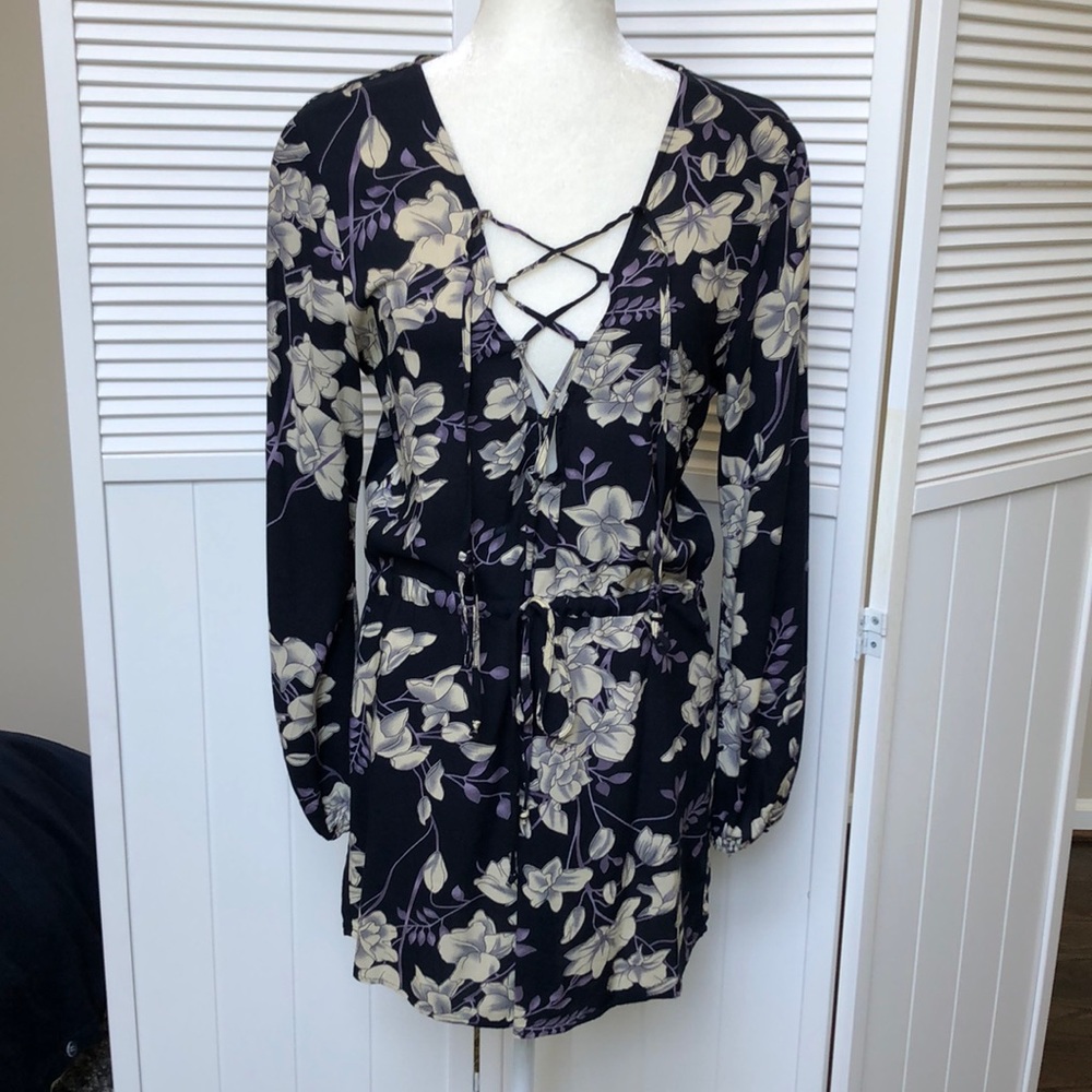 Floral tie front mini dress drawstring navy blue Cotton Candy long sleeve